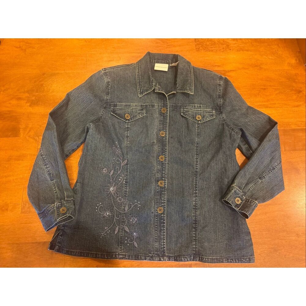 Alfred Dunner Denim Jacket Womens Size 12 Embroidered Floral Rhinestone Button F